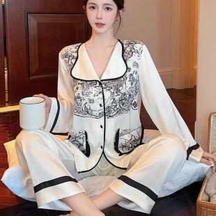 2025桑蚕丝睡衣女士春季 家居服 长袖 轻奢风复古印花高级感简约时尚
