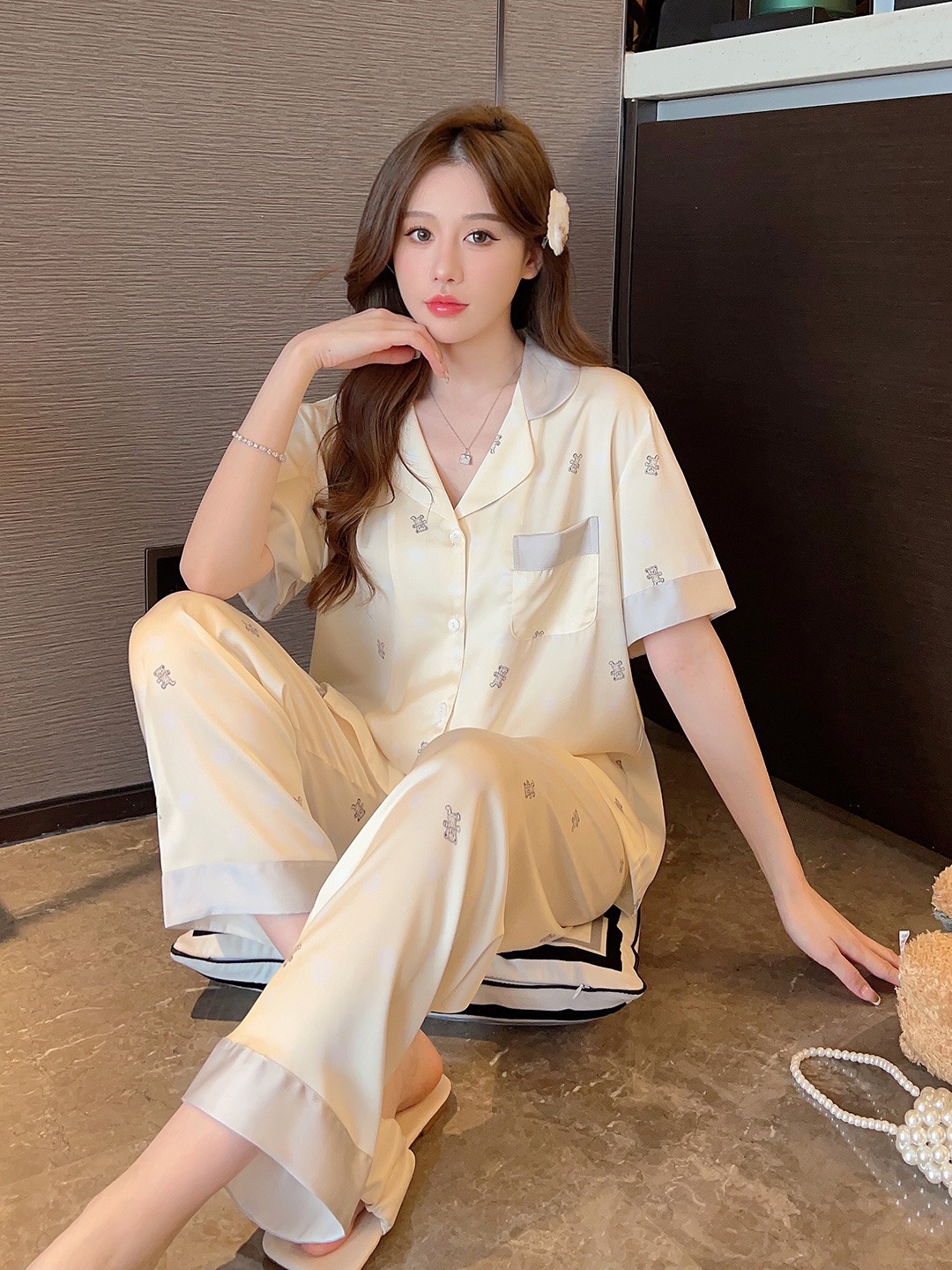 泡泡熊真丝睡衣女夏季短袖套装