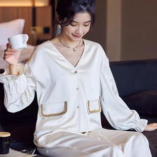 新款 休闲家居服 抗菌桑蚕丝女士简约睡衣春秋季 纯色恬静风无领长袖