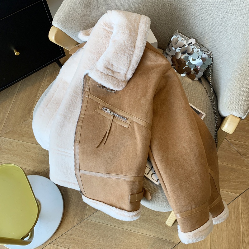 实拍 立领夹克冬新款宽松保暖皮毛一体加厚机车服外套卡其色其他