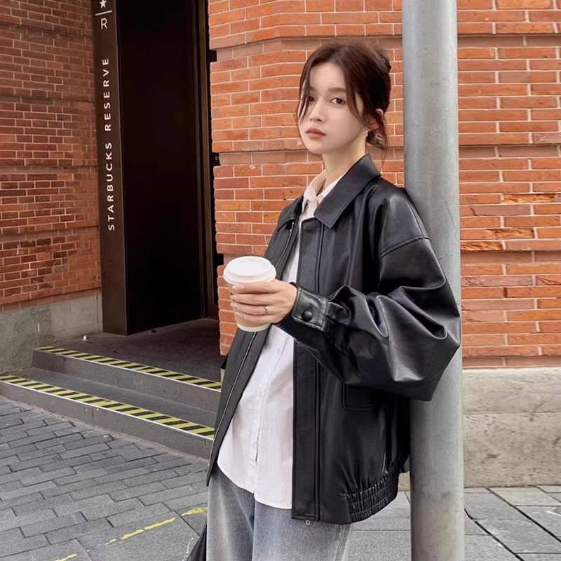 复古棕色皮衣女短款2024春秋季小个子韩版宽松皮夹克帅气机车
