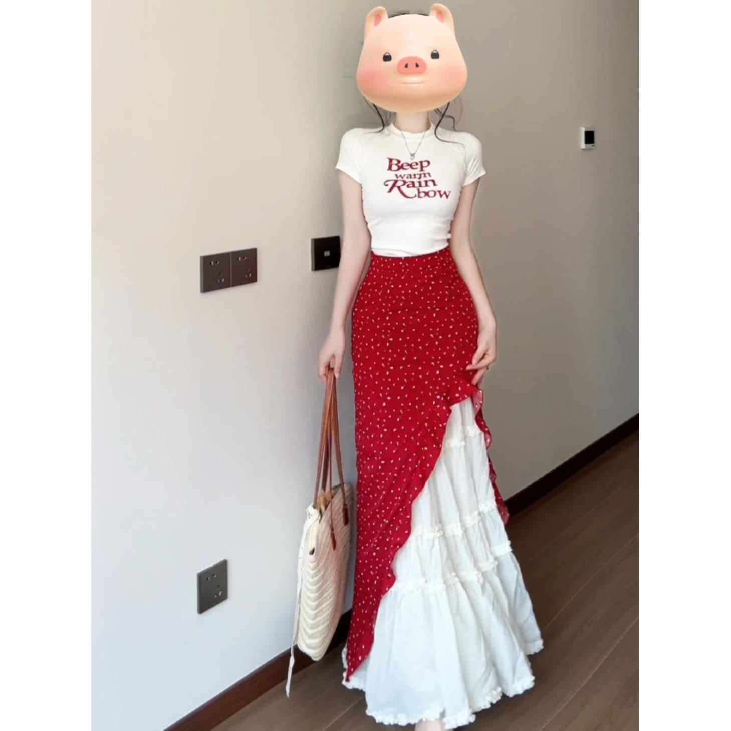 韩系正肩短袖t恤碎花半身裙套装女夏季新款感气质甜美两件套