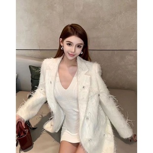 高级感仿水貂毛钉钻西装 气质名媛小香风加厚大衣 外套女2024冬季