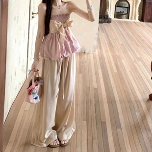 两件套 韩系新款 甜美套装 蝴蝶结褶皱抹胸背心女夏季 高腰休闲裤