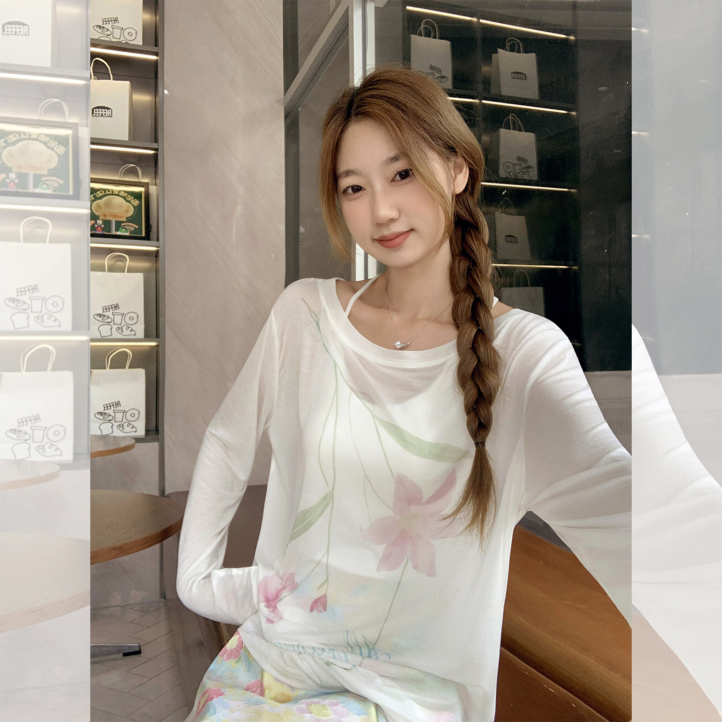 夏天巨好看的t恤白色圆领冰丝防晒罩衫长袖女秋新款宽松显瘦上衣