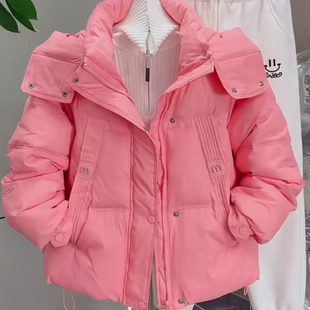 韩版粉色短款羽绒服女连帽加厚保暖宽松显瘦百搭面包服外套