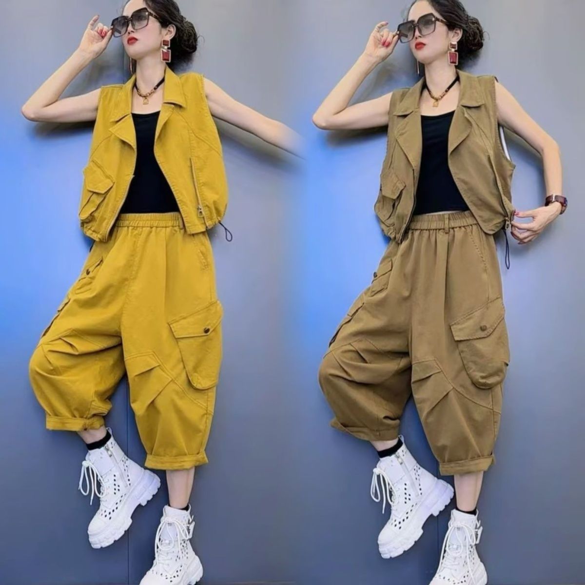 洋气套装欧货休闲撞色时尚水洗短款马甲女2025夏季八分裤两件套潮