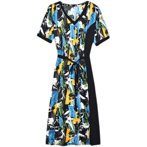 RM8916#高端桑蚕丝中长款连衣裙女2023夏新款拼接时尚洋气妈妈裙子