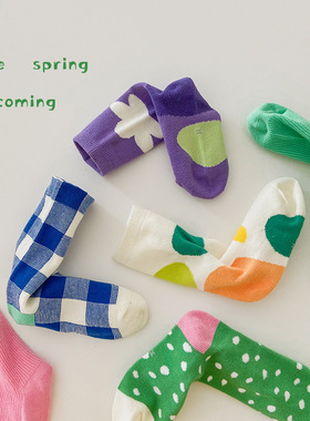 春夏季儿童纯棉中筒长袜男女童撞色格子韩版绿色潮宝宝袜子