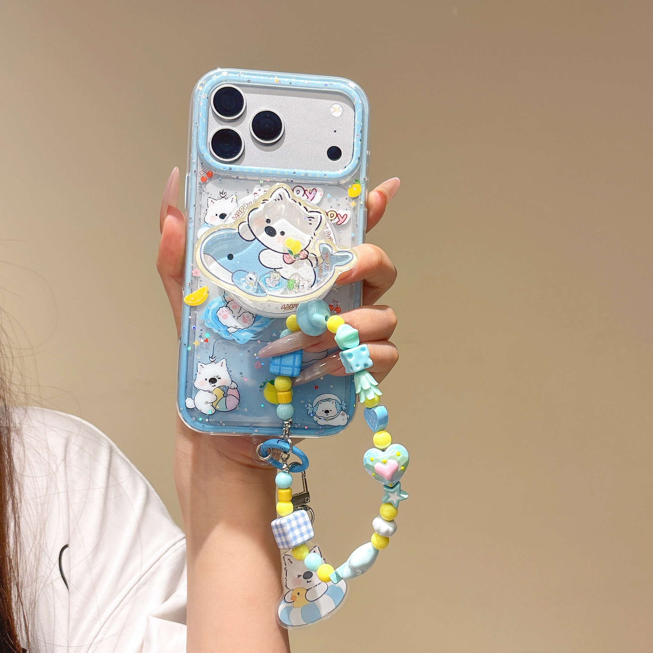 可爱卡通西高地游泳冲浪适用iPhone17ProMax手机壳女款苹果16Pro磁吸支架15带手链14防摔保护壳