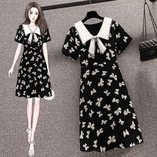 大码女装时尚撞色蝴蝶结连衣裙2024夏季新款胖mm印花收腰显瘦裙子
