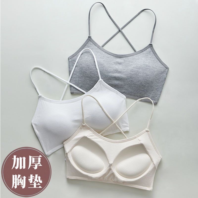 性感交叉美背内衣女细肩带吊带背心加厚固定杯罩小胸显大聚拢抹胸