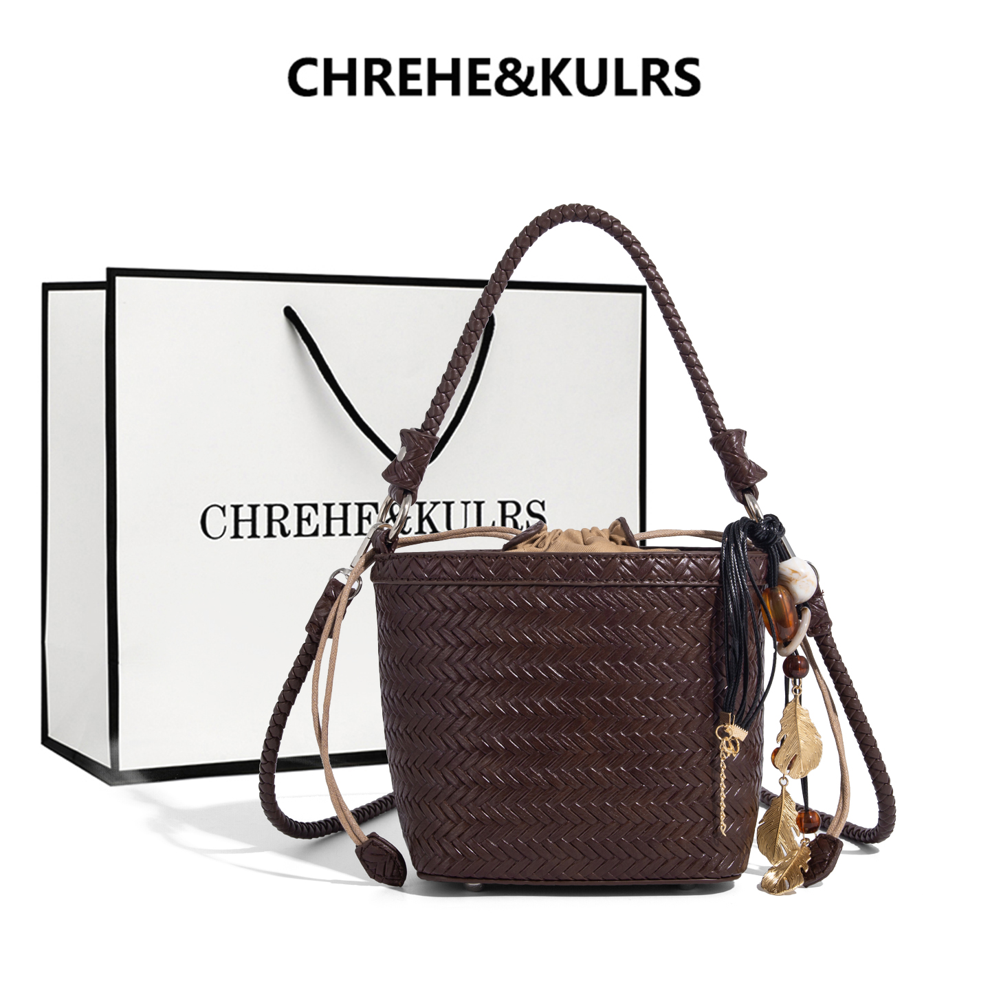 CHREHE&KULRS复古手工编织水桶包
