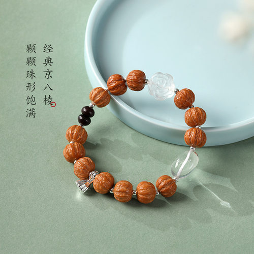 京八棱猴头文玩手串精雕山茶花水晶配饰原创手链复古盘玩念珠新品