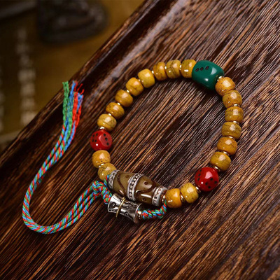 藏传骆驼骨文玩手串单圈回流骨银镶嵌天珠料器骰子配饰复古手链