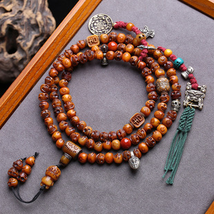 藏民回流骨雕刻阿呆108颗佛珠藏式牦牛骨莲花桶珠三通背云铜配饰