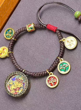 纯手工编织手搓绳手链藏式文玩琉璃阿呆南红玛瑙黄财神唐卡配饰