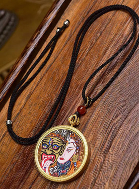 藏式文玩纯手绘唐卡扎基拉姆前世今生佛牌吊坠挂脖手工编织绳项链