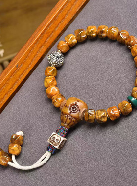 藏传回流牦牛骨雕刻手串单圈藏式文玩佛珠铜貔貅玛瑙松石配饰手链
