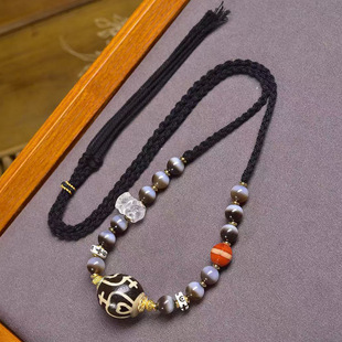 纯手工编织绳项链文玩天然宝瓶天珠吊坠白水晶一线天珠配饰毛衣链