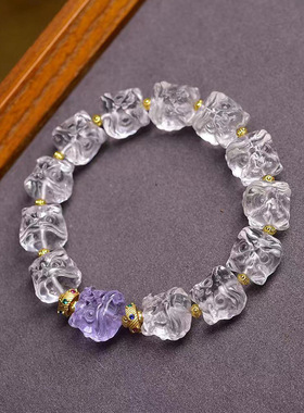 藏式文玩佛珠荧光晶彩雕刻琉璃醒狮手串单圈男女简约百搭手链饰品