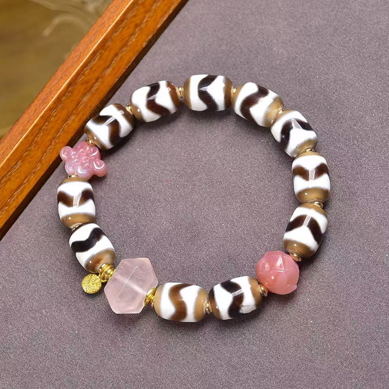 天然虎牙天珠桶珠手串单圈盐源玛瑙莲花粉水晶孔雀石配饰文玩手链