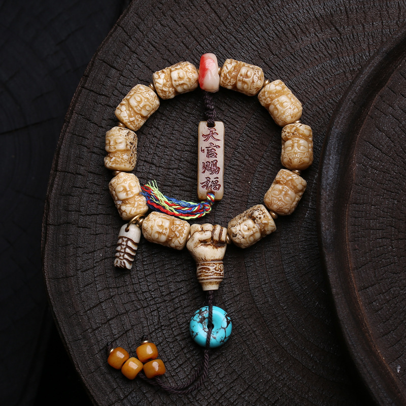 藏传回流骨雕刻度母手链三圈松石桶珠大权在握三通配饰文玩佛珠