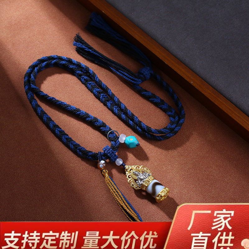 藏式黄财神镶嵌虎牙天珠项链手工编绳流苏复古吊坠配饰百搭调节