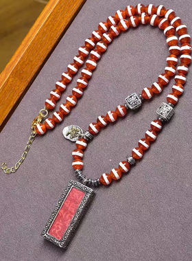 一线天珠项链不动明王心咒吊坠松石南红玛瑙配饰白水晶毛衣链
