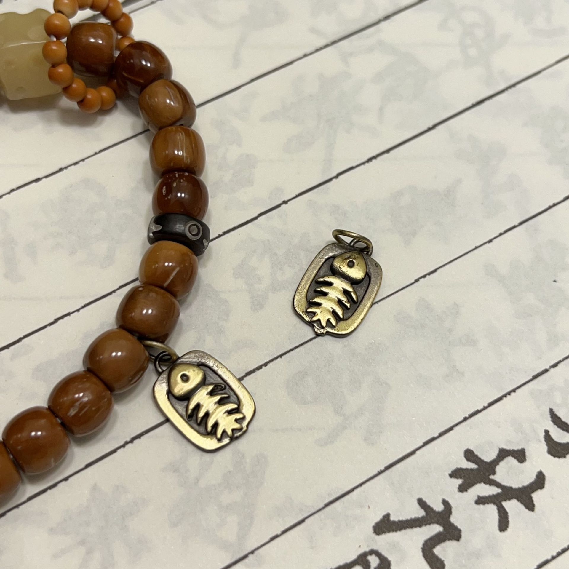 藏式小鱼吊牌鱼骨复古侧挂古文字鱼吊饰滴流文玩配饰DIY手串
