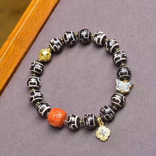 天然宝瓶天珠文玩手串单圈南红玛瑙六字真言铜配饰佛珠复古手链