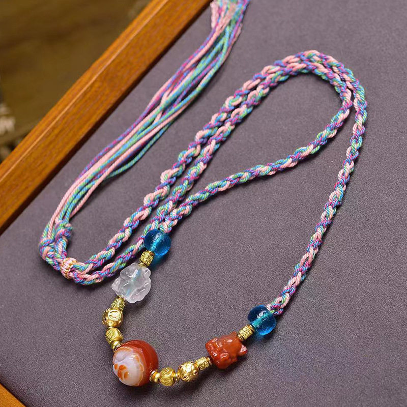 手工编织绳项链可调节白水晶配饰藏式文玩药师狐狸天珠吊坠毛衣链