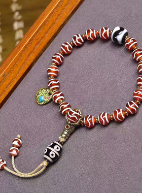 天然玛瑙水纹天珠文玩手串单圈藏式虎牙天珠松石镶嵌卡子配饰手链