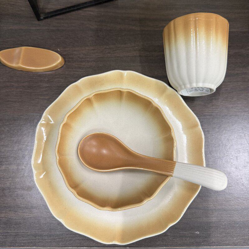 山野风复古窑变色釉四件套摆台餐具特色饭店餐厅碗盘套装酒店餐具