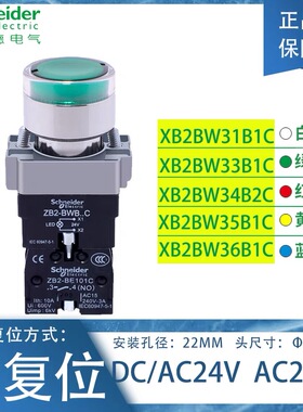 施耐德自复位带灯按钮开关XB2BW33B1C绿色常开24V 220VXB2BW34M1C