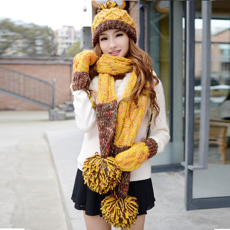 여성을위한 생일 선물 모자 겨울 한국어 버전 따뜻한 색상 매칭 원피스 모직 모자 스카프 장갑 3 피스 양복