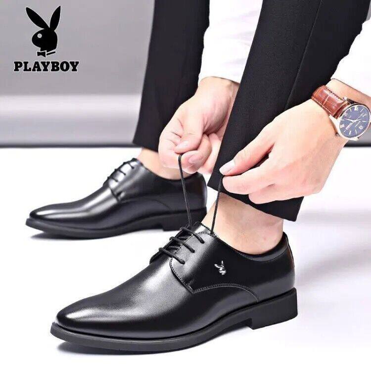 PLAYBOY MENS SHOES AUTUMN AND WINTER NEW LEATHER AND FLEECE BUSINESS FORMAL LEATHER SHOES INNER HEIGHT GROOM WEDDING SUIT SHOES
