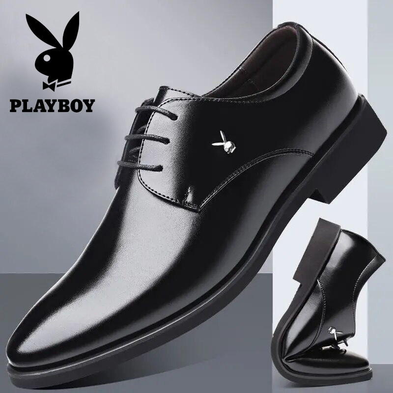 PLAYBOY MENS SHOES AUTUMN AND WINTER NEW LEATHER AND FLEECE BUSINESS FORMAL LEATHER SHOES INNER HEIGHT GROOM WEDDING SUIT SHOES