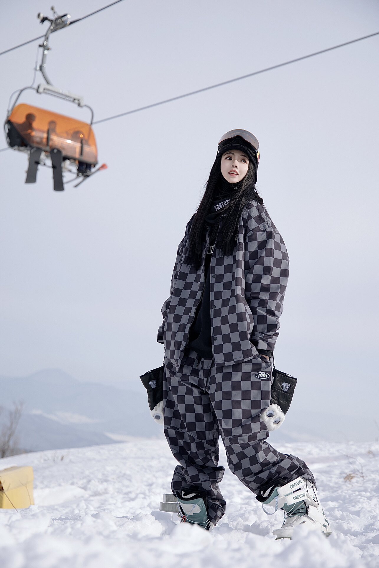 SKIMOTO原创国潮滑雪套装时尚黑棋士棋盘格子宽松滑雪服教练夹克