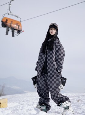 SKIMOTO原创国潮滑雪套装时尚黑棋士棋盘格子宽松滑雪服教练夹克