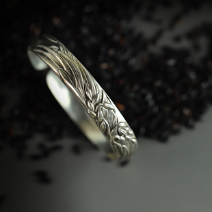 传统浮雕手工银手镯 九九倾城原创 国风纯银手镯银饰 五谷丰登