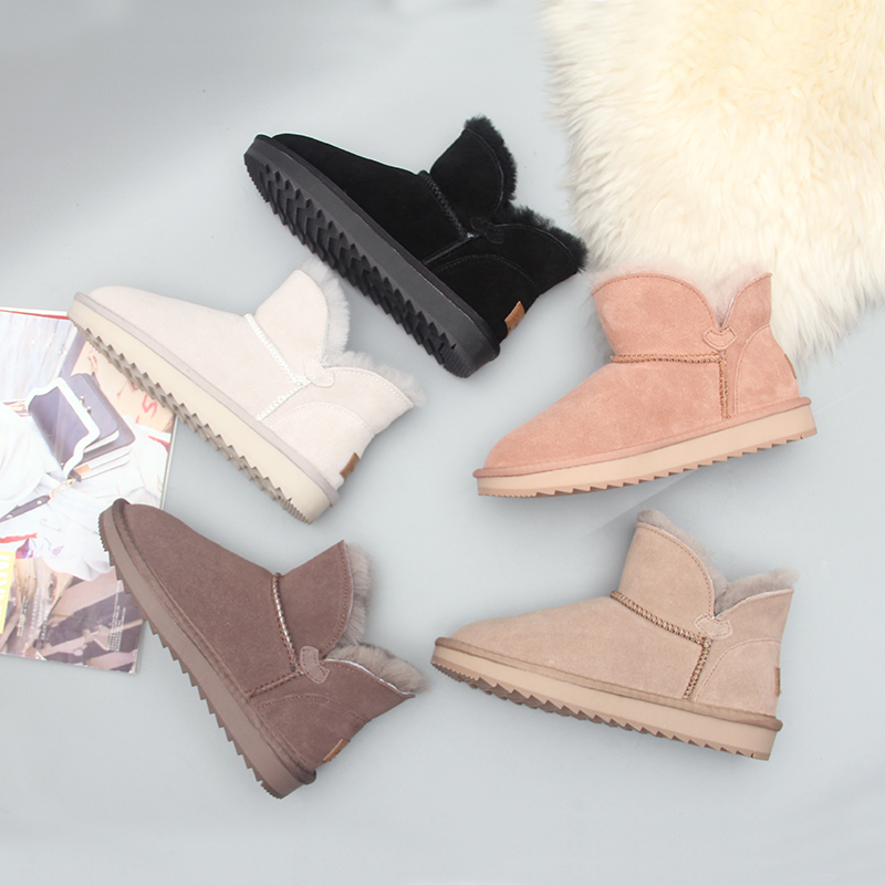 时尚 保暖 防滑 耐磨 短筒真皮羊毛雪地靴