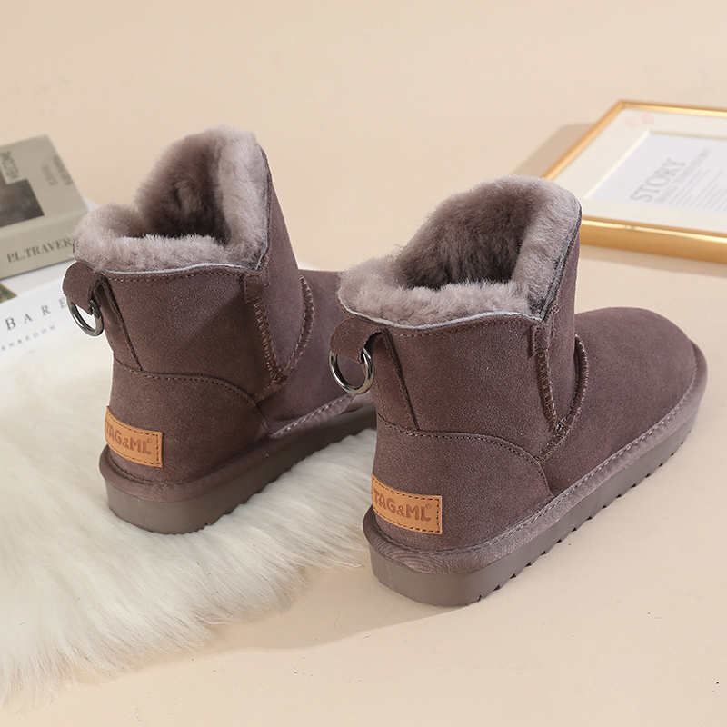 牛皮雪地靴女羊毛短靴加厚棉鞋子