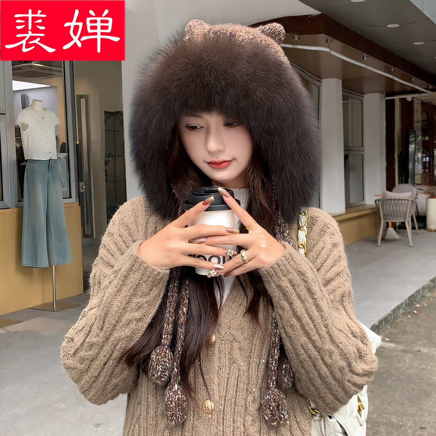 韩版可爱狐狸毛针织护耳帽女冬季猫耳朵加厚保暖百搭真毛皮草帽子