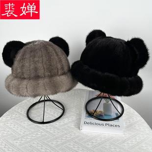 水貂毛米奇帽子女冬季保暖护耳真貂皮礼帽可爱小熊耳朵盆帽渔夫帽