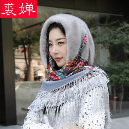 仿水貂毛围巾帽子一体两用连体围脖披肩帽女冬季民族风户外风雪帽