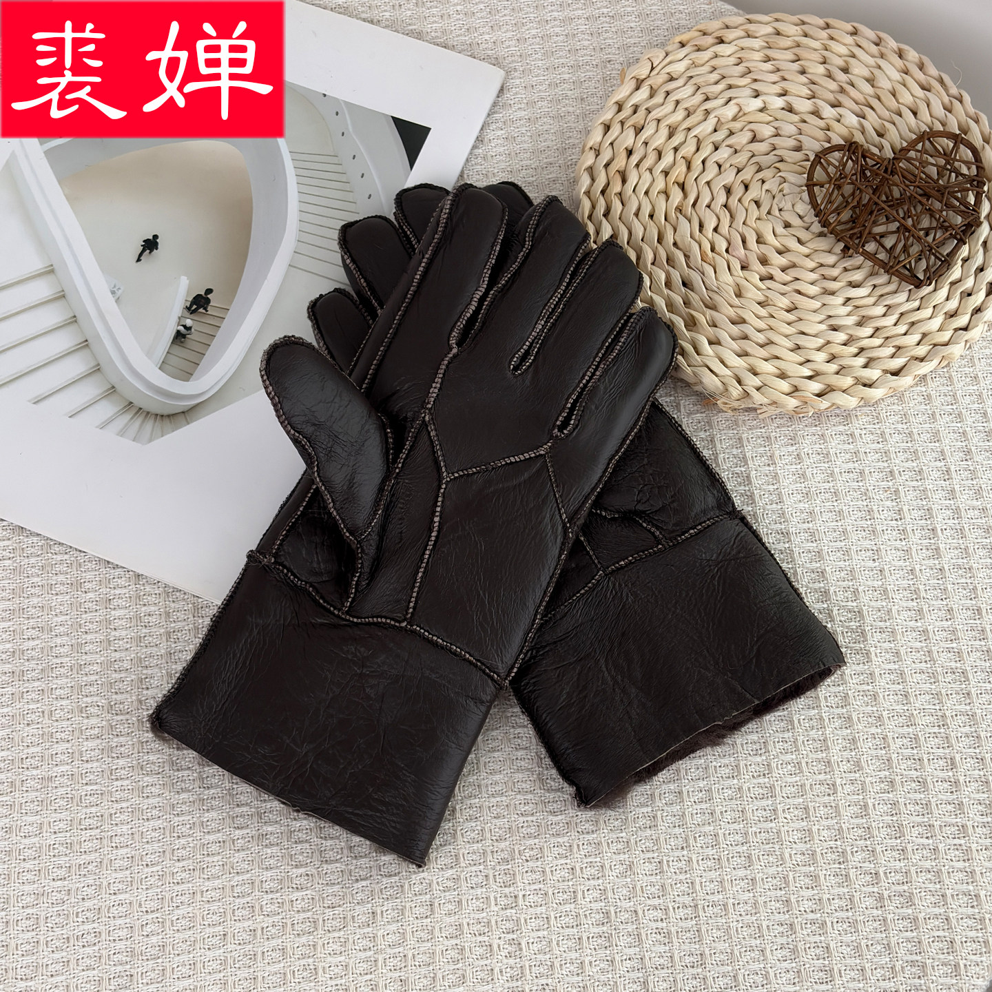 皮毛一体男士羊皮手套冬季加厚保暖抗风防寒户外骑行真皮分指手套