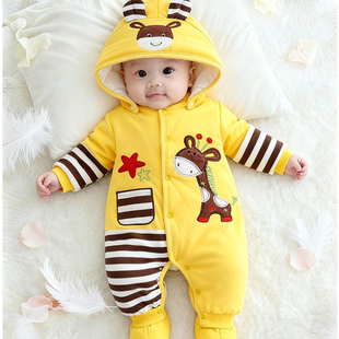 连脚连体衣婴儿棉服宝宝包脚棉袄冬季加厚外出服夹棉棉衣带脚冬装