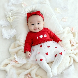 红色系婴儿衣服白天女宝宝婴幼儿百岁龙宝抓周宴小公主生日礼服秋