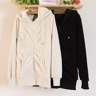 新款秋冬欧美保暖珊瑚绒纯色加厚连帽卫衣绒衫外套小衫女装女